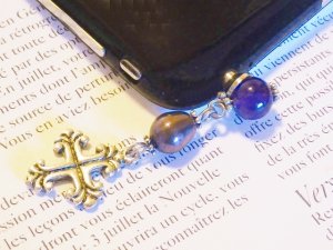 画像2: スマホピアス★アメジスト・淡水パール★クロス（十字架）  (2)